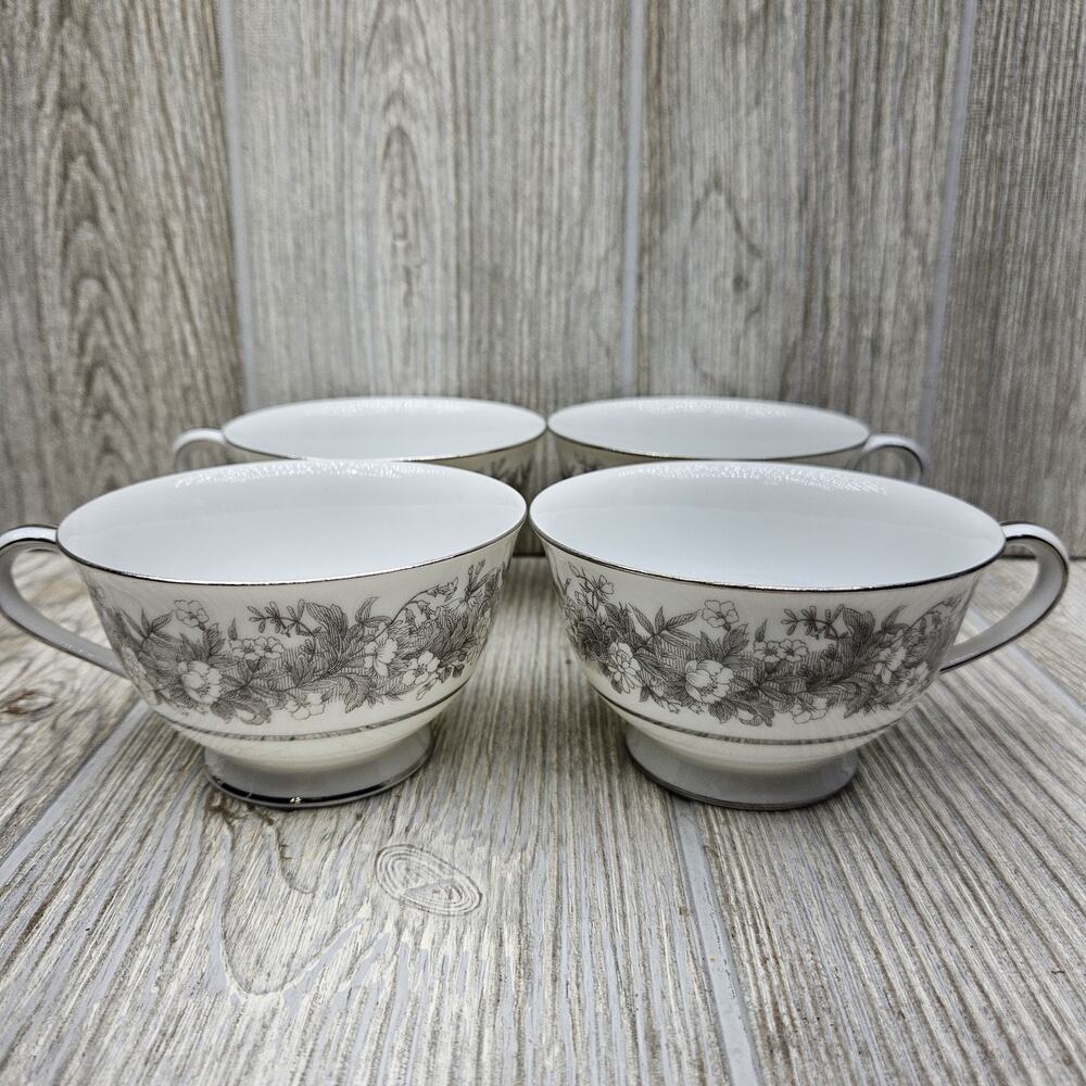Set Of 4 Sango Florentine Footed Tea Coffee Cup Vintage Japan Platinum Trim